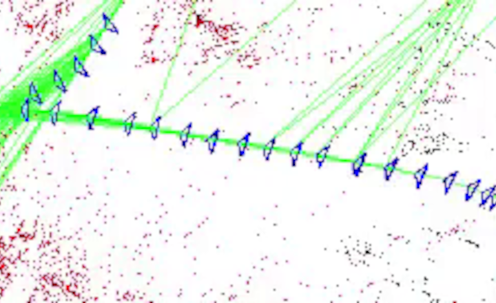 VisualSLAMの実行結果。青色で軌跡が、黒と赤で点群が描かれている