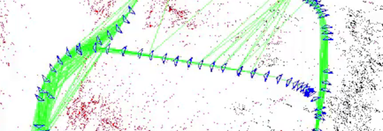 VisualSLAMの実行結果。青色で軌跡が、黒と赤で点群が描かれている
